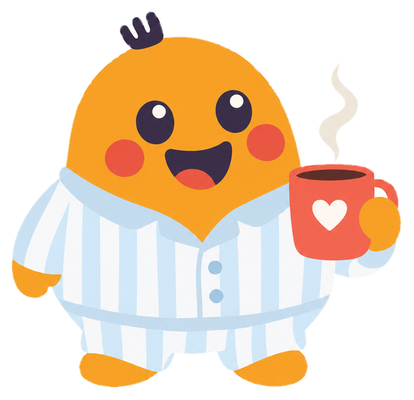 Kite in pajamas with a coffee