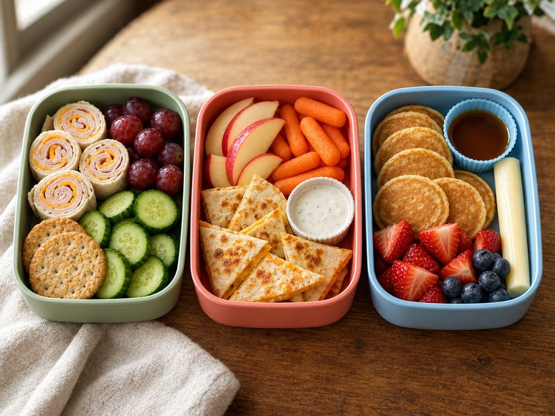 Three open kids lunchboxes: pinwheels, quesadillas and mini pancakes