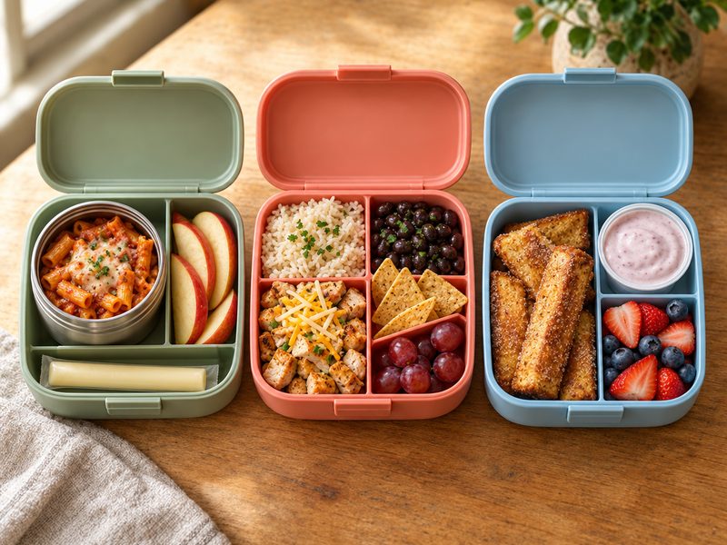 Three open kids lunchboxes: pinwheels, quesadillas and mini pancakes