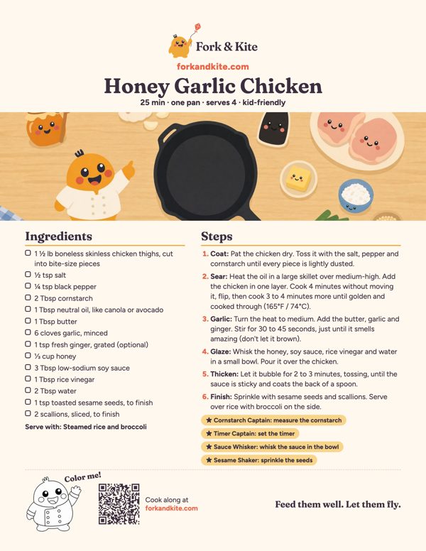 Preview of the printable Honey Garlic Chicken recipe card