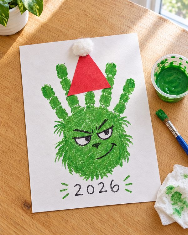 Grumpy Green Handprint (Grinch-Inspired): an easy Christmas craft for kids