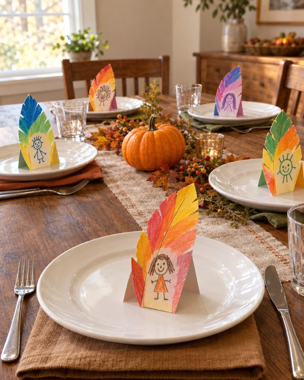 Thankful Feather Place Cards: an easy Thanksgiving craft for kids